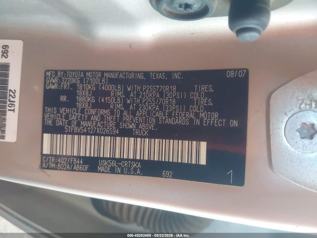 Aukcja sprzedaży 2007 Toyota Tundra Sr5 5.7l V8, vin: 5TFBV54127X026594, numer aukcji: 45202485