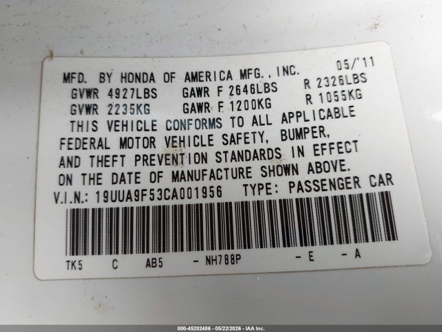 Aukcja sprzedaży 2012 Acura Tl 3.7, vin: 19UUA9F53CA001956, numer aukcji: 45202486