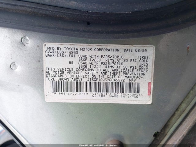 2000 Lexus Rx 300 მანქანა იყიდება აუქციონზე, vin: JT6GF10U6Y0045372, აუქციონის ნომერი: 45202492