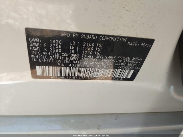 Aukcja sprzedaży 2025 Subaru Legacy Premium, vin: 4S3BWAC66S3027606, numer aukcji: 45202509