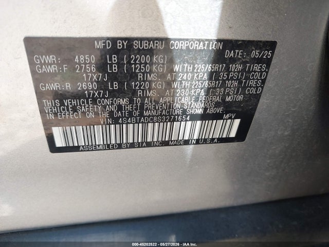 Aukcja sprzedaży 2025 Subaru Outback Premium, vin: 4S4BTADC8S3271654, numer aukcji: 45202522