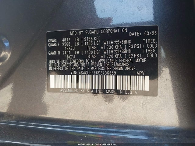45202524 :رقم المزاد ، 4S4GUHF66S3736659 vin ، 2025 Subaru Crosstrek Sport مزاد بيع