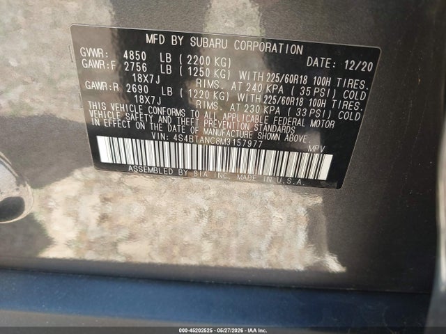 Aukcja sprzedaży 2021 Subaru Outback Limited, vin: 4S4BTANC8M3157977, numer aukcji: 45202525