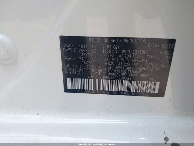 Aukcja sprzedaży 2025 Subaru Crosstrek Limited, vin: 4S4GUHM68S3730588, numer aukcji: 45202531