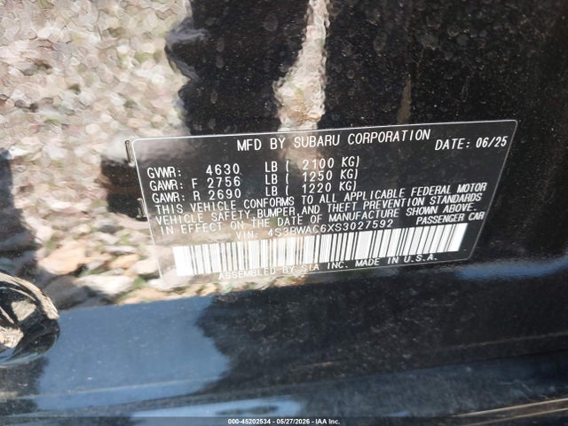 2025 Subaru Legacy Premium მანქანა იყიდება აუქციონზე, vin: 4S3BWAC6XS3027592, აუქციონის ნომერი: 45202534