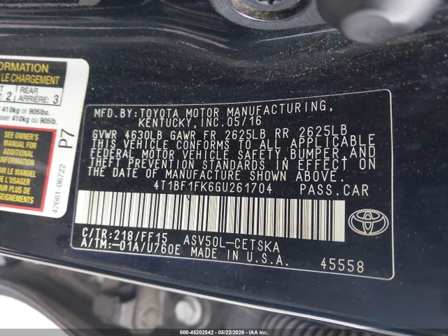 45202542 :رقم المزاد ، 4T1BF1FK6GU261704 vin ، 2016 Toyota Camry Se مزاد بيع