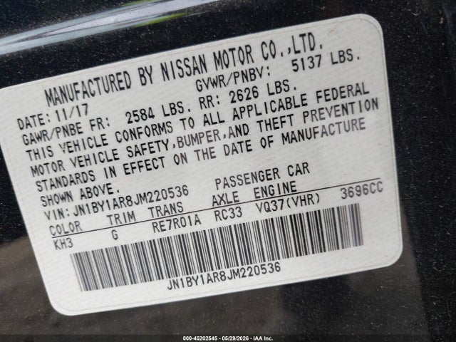 Aukcja sprzedaży 2018 Infiniti Q70 3.7x Luxe, vin: JN1BY1AR8JM220536, numer aukcji: 45202545