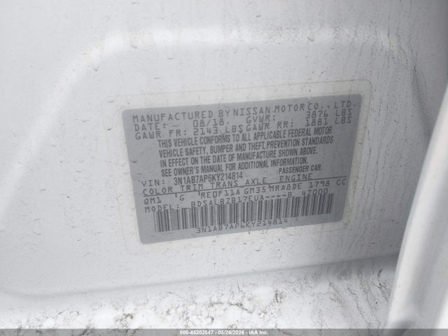 Aukcja sprzedaży 2019 Nissan Sentra S, vin: 3N1AB7AP6KY214814, numer aukcji: 45202547