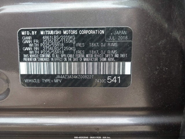 45202548 :رقم المزاد ، JA4AZ3A34KZ008227 vin ، 2019 Mitsubishi Outlander Es مزاد بيع