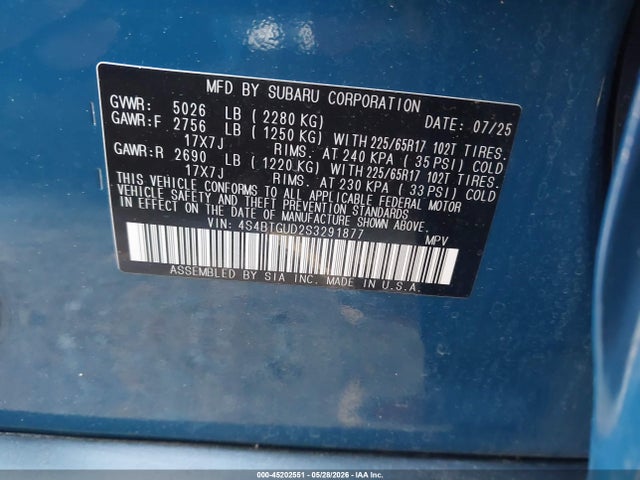 Aukcja sprzedaży 2025 Subaru Outback Wilderness, vin: 4S4BTGUD2S3291877, numer aukcji: 45202551
