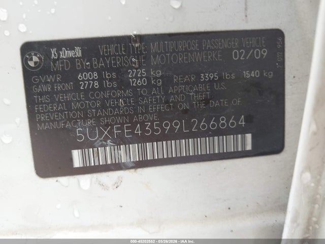 Aukcja sprzedaży 2009 Bmw X5 Xdrive30i, vin: 5UXFE43599L266864, numer aukcji: 45202552