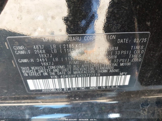 Aukcja sprzedaży 2025 Subaru Crosstrek Sport, vin: 4S4GUHF6XS3727219, numer aukcji: 45202567