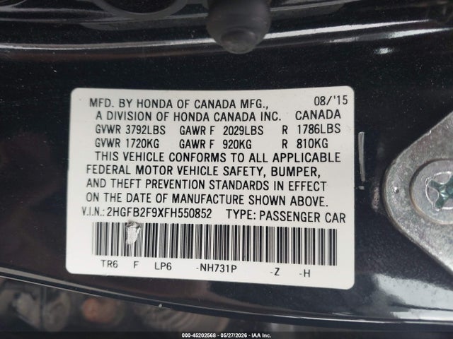 Продажа на аукционе авто 2015 Honda Civic Ex-l, vin: 2HGFB2F9XFH550852, номер лота: 45202568