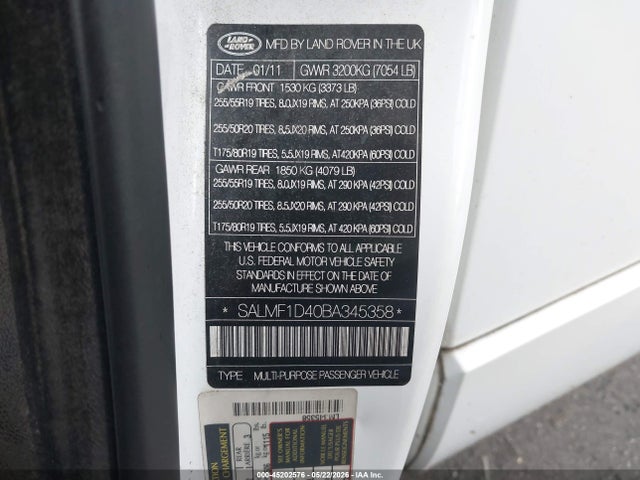 45202576 :رقم المزاد ، SALMF1D40BA345358 vin ، 2011 Land Rover Range Rover Hse مزاد بيع