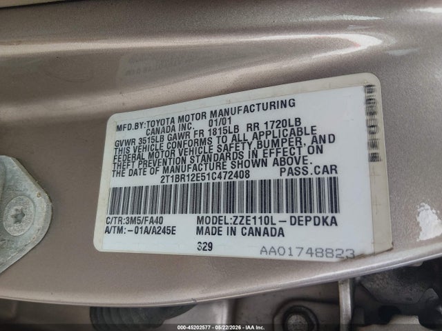 Продажа на аукционе авто 2001 Toyota Corolla Le, vin: 2T1BR12E51C472408, номер лота: 45202577