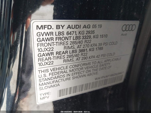 Продажа на аукционе авто 2019 Audi Q8 55 Premium, vin: WA1FVAF19KD039631, номер лота: 45202582