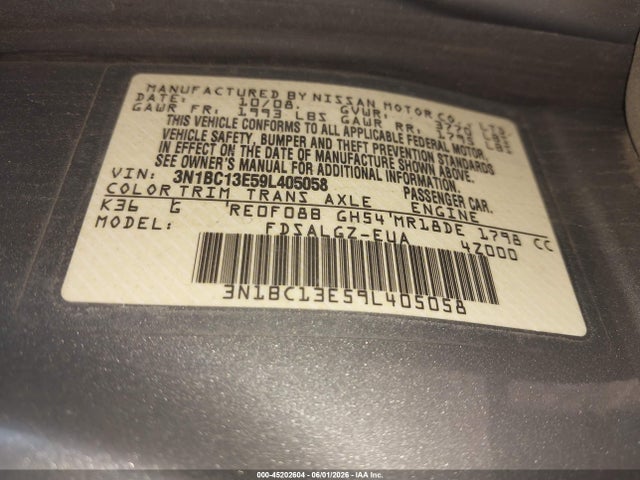 2009 Nissan Versa 1.8sl მანქანა იყიდება აუქციონზე, vin: 3N1BC13E59L405058, აუქციონის ნომერი: 45202604