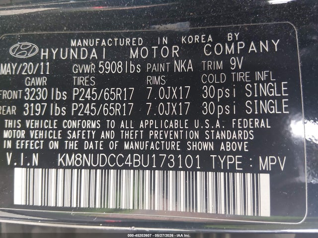 2011 Hyundai Veracruz Gls მანქანა იყიდება აუქციონზე, vin: KM8NUDCC4BU173101, აუქციონის ნომერი: 45202607