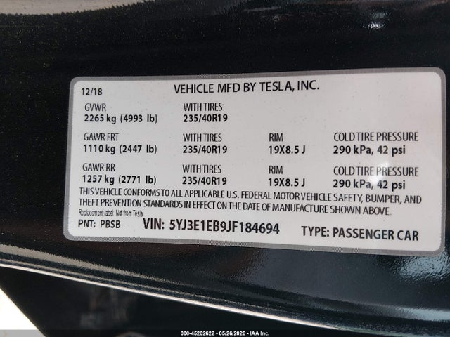 Продажа на аукционе авто 2018 Tesla Model 3 Long Range/performance, vin: 5YJ3E1EB9JF184694, номер лота: 45202622