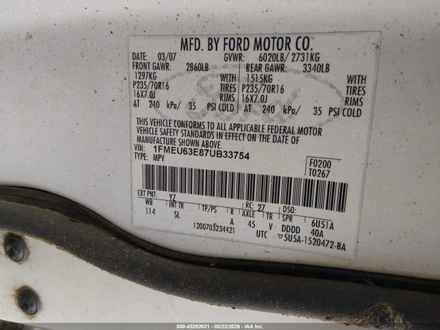 Aukcja sprzedaży 2007 Ford Explorer Xlt, vin: 1FMEU63E87UB33754, numer aukcji: 45202631