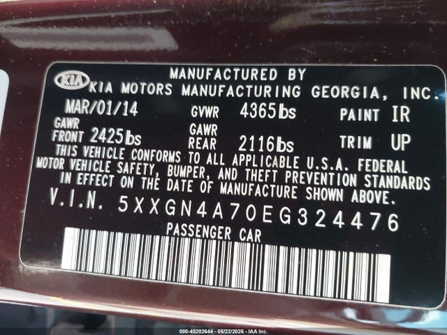 Продаж на аукціоні авто 2014 Kia Optima Ex, vin: 5XXGN4A70EG324476, номер лоту: 45202644