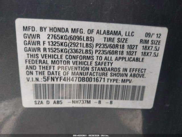 45202651 :رقم المزاد ، 5FNYF4H47DB001671 vin ، 2013 Honda Pilot Ex مزاد بيع