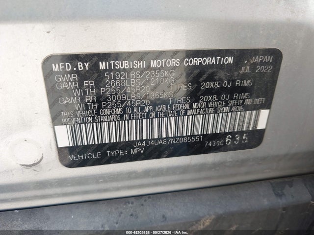 Продажа на аукционе авто 2022 Mitsubishi Outlander Se 2.5 S-awc, vin: JA4J4UA87NZ085551, номер лота: 45202658