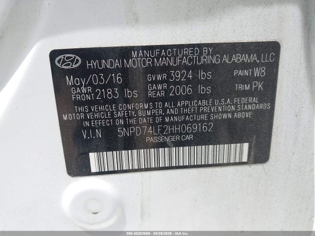 Продаж на аукціоні авто 2017 Hyundai Elantra Se, vin: 5NPD74LF2HH069162, номер лоту: 45202659