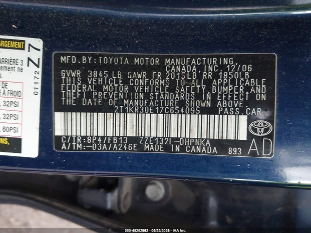 45202662 :رقم المزاد ، 2T1KR30E17C654095 vin ، 2007 Toyota Matrix Xr مزاد بيع