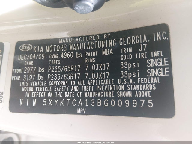 Продажа на аукционе авто 2011 Kia Sorento Lx, vin: 5XYKTCA13BG009975, номер лота: 45202685