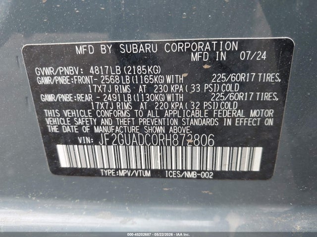 2024 Subaru Crosstrek Premium მანქანა იყიდება აუქციონზე, vin: JF2GUADC0RH872806, აუქციონის ნომერი: 45202687