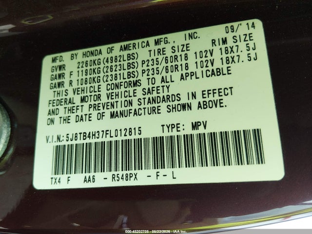 45202705 :رقم المزاد ، 5J8TB4H37FL012815 vin ، 2015 Acura Rdx مزاد بيع
