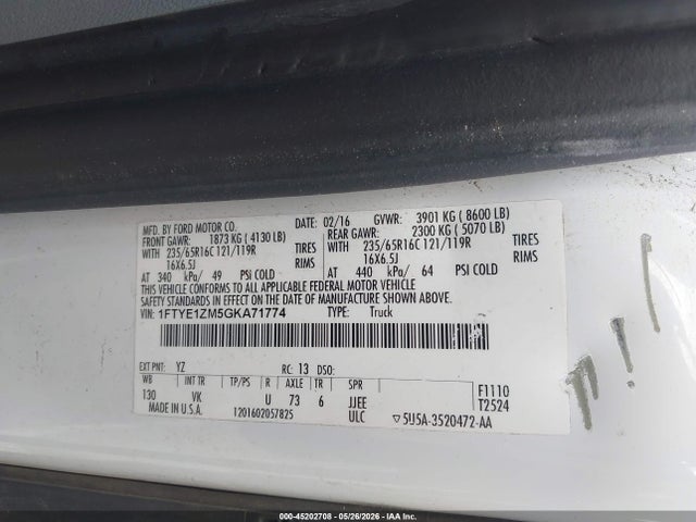 Aukcja sprzedaży 2016 Ford Transit-150, vin: 1FTYE1ZM5GKA71774, numer aukcji: 45202708