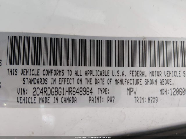 Aukcja sprzedaży 2017 Dodge Grand Caravan Se Plus, vin: 2C4RDGBG1HR648964, numer aukcji: 45202713