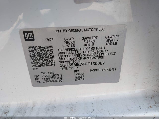 45202715 :رقم المزاد ، 1GT59ME74PF130007 vin ، 2023 Gmc Sierra 2500hd 4wd  Standard Bed Sle مزاد بيع
