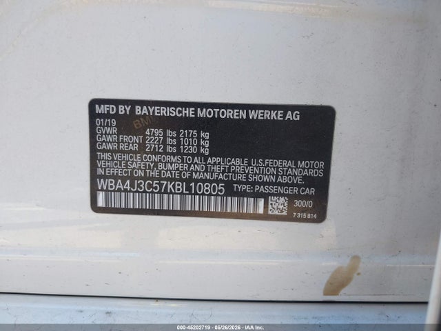45202719 :رقم المزاد ، WBA4J3C57KBL10805 vin ، 2019 Bmw 430i Gran Coupe Xdrive مزاد بيع
