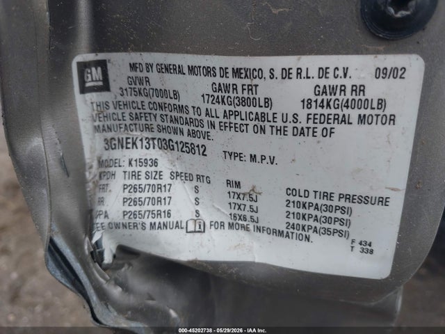 2003 Chevrolet Avalanche 1500 მანქანა იყიდება აუქციონზე, vin: 3GNEK13T03G125812, აუქციონის ნომერი: 45202738