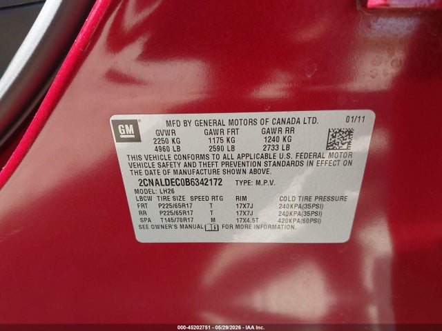 Продажа на аукционе авто 2011 Chevrolet Equinox 1lt, vin: 2CNALDEC0B6342172, номер лота: 45202751