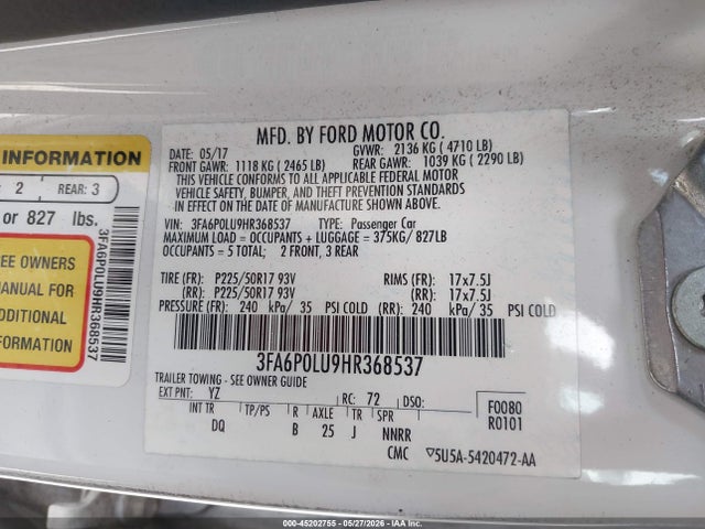 3FA6P0LU9HR368537 Ford Fusion Hybrid Se