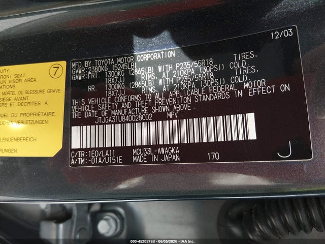 Продажа на аукционе авто 2004 Lexus Rx 330, vin: JTJGA31U840028002, номер лота: 45202768