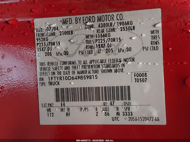 Продажа на аукционе авто 2004 Ford Ranger Xl/xlt, vin: 1FTYR10D64PB59815, номер лота: 45202772