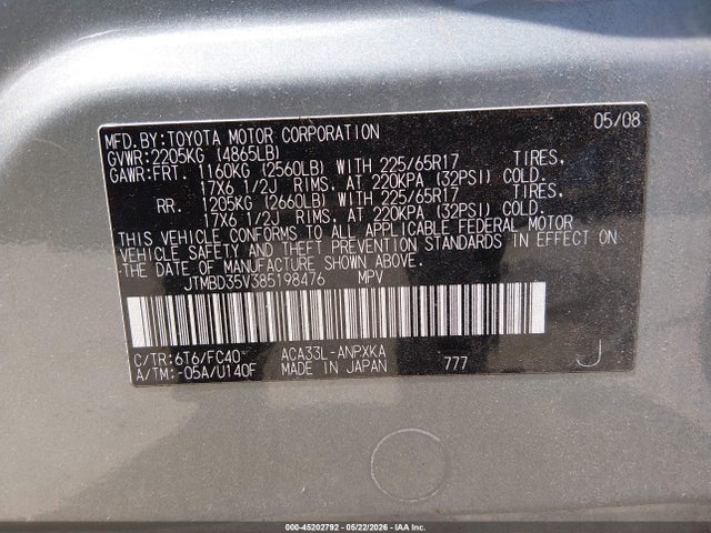 2008 Toyota Rav4 მანქანა იყიდება აუქციონზე, vin: JTMBD35V385198476, აუქციონის ნომერი: 45202792