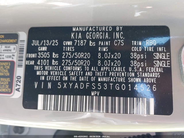 Продаж на аукціоні авто 2026 Kia Ev9 Land, vin: 5XYADFS53TG014526, номер лоту: 45202802
