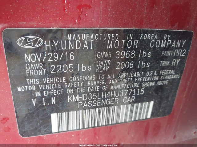 45202807 :رقم المزاد ، KMHD35LH4HU377115 vin ، 2017 Hyundai Elantra Gt مزاد بيع