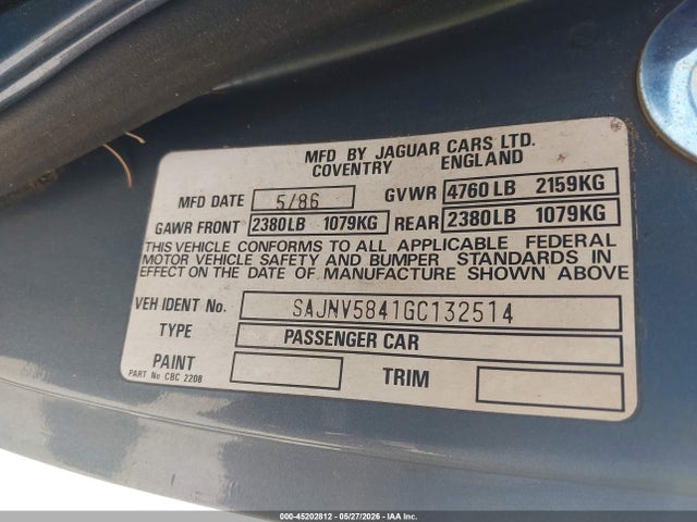 45202812 :رقم المزاد ، SAJNV5841GC132514 vin ، 1986 Jaguar Xjs مزاد بيع