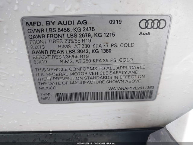 Продаж на аукціоні авто 2020 Audi Q5 Premium 45 Tfsi Quattro S Tronic, vin: WA1ANAFY7L2011363, номер лоту: 45202816