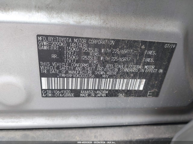 Aukcja sprzedaży 2019 Toyota Rav4 Le, vin: JTMH1RFV0KD032756, numer aukcji: 45202826