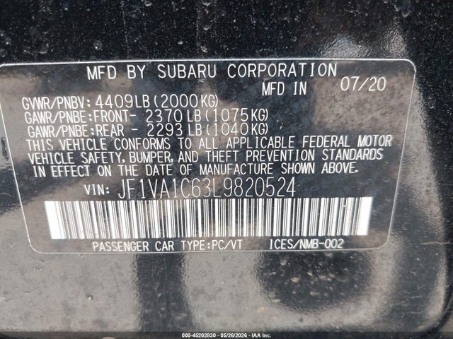 Aukcja sprzedaży 2020 Subaru Wrx Premium, vin: JF1VA1C63L9820524, numer aukcji: 45202830