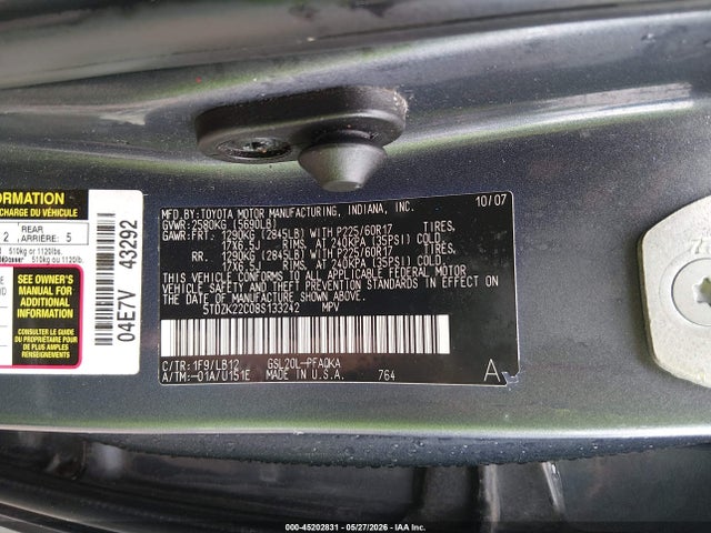 Aukcja sprzedaży 2008 Toyota Sienna Xle, vin: 5TDZK22C08S133242, numer aukcji: 45202831