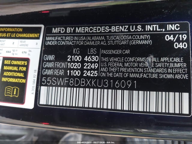Aukcja sprzedaży 2019 Mercedes-benz C 300, vin: 55SWF8DBXKU316091, numer aukcji: 45202833